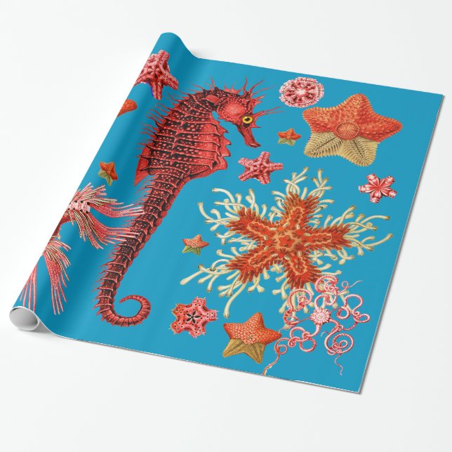 RÖDA SJÖFART OCH SEASTARS I AQUA BLUE Sea Life Presentpapper (Utrullad)