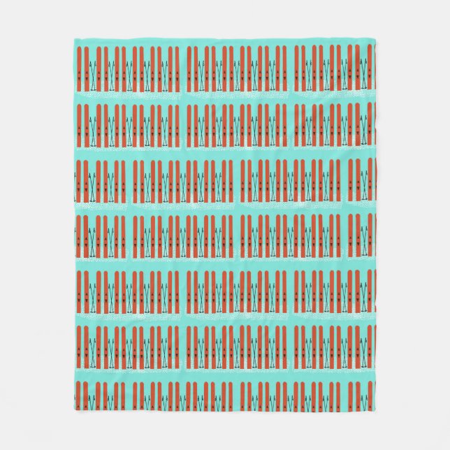 Röda skidor på blå bakgrund fleecefilt (Framsidan)