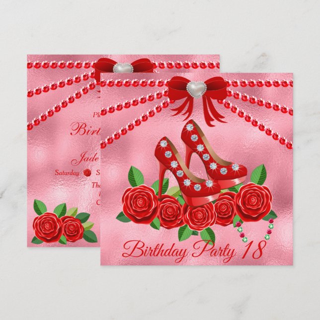 Röda skor, judar och Ro blomma 18:e födelsedagen Inbjudningar (Fram/baksida)
