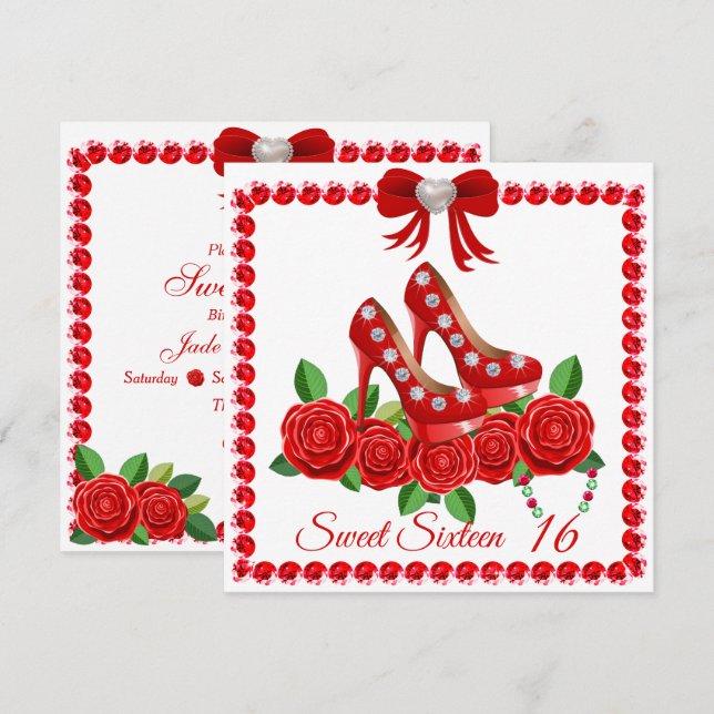 Röda skor, judar och Ro blomma Sweet sixteen Inbjudningar (Fram/baksida)
