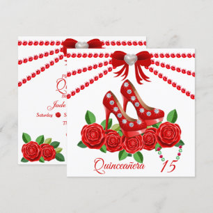 Röda skor, juveler och Ro-blommor, Quinceañera Inbjudningar