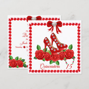 Röda skor, juveler och Ro-blommor, Quinceañera Inbjudningar