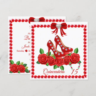 Röda skor, juveler och Ro-blommor, Quinceañera Inbjudningar