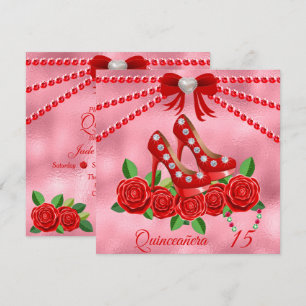Röda skor, juveler och Ro-blommor, Quinceañera Inbjudningar