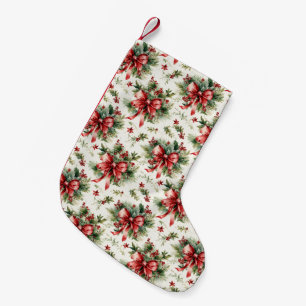 Röda slingor och järnekblad liten julstrumpa