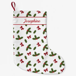 Röda slingor och julgran planta Mönster & Namn Liten Julstrumpa