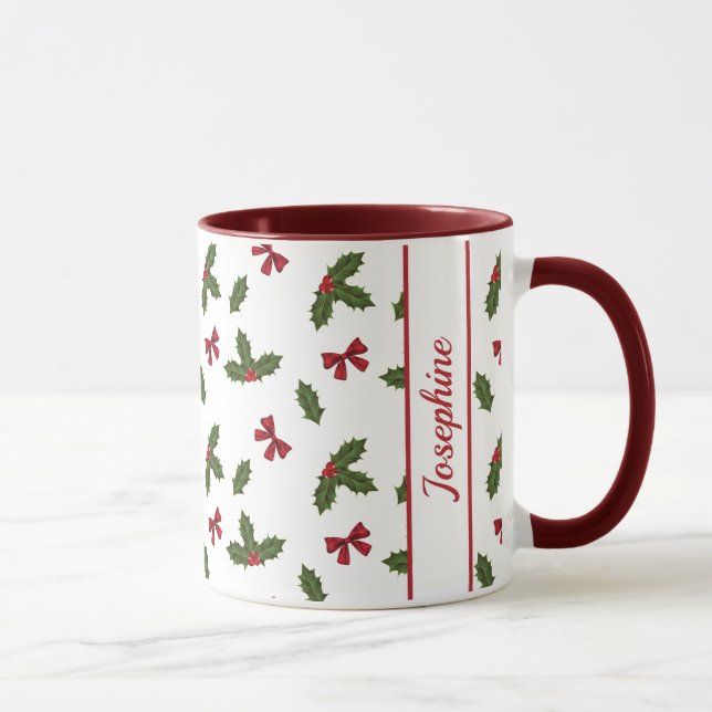 Röda slingor och julgranar växt mönster & namn mugg (Höger)