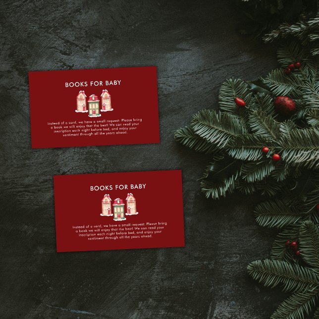 Röda snö pepparkakor byböcker baby shower  tilläggskort (Red Snow Gingerbread Village Books Baby Shower Enclosure Card)