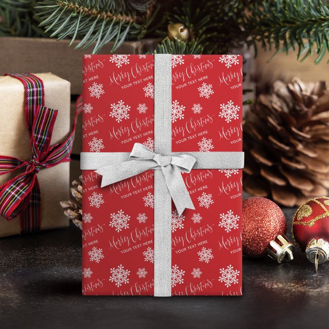 Röda snöflingor Glad jul skrift Anpassad Presentpapper (Red Snowflakes Merry Christmas Script Custom Wrapping Paper)