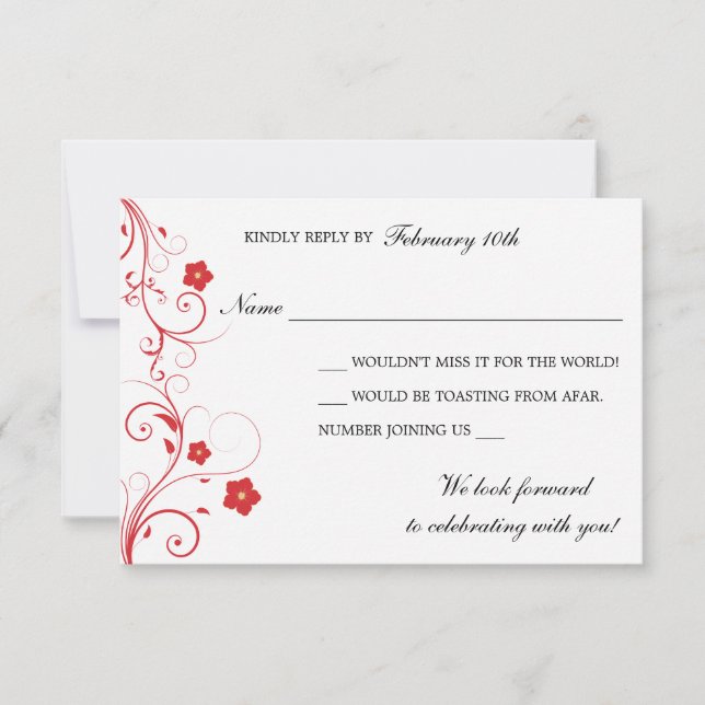 Röda snurrar och svarskort för blommor inbjudningar (Framsida)