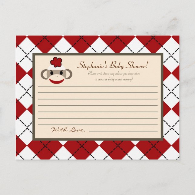 Röda Sock monkey-argyllene skrivbart stödkort Rådkort (Framsida)