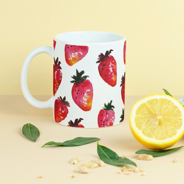 Röda sommarjordgubbar Cute Boho Hand-Illustrated Kaffemugg (These unique watercolor strawberries are yummy and appetizing all year round.)