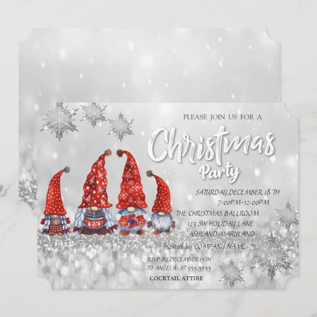 Röda söta tomtar Bokeh företags julfest  Inbjudningar (Fram/baksida)