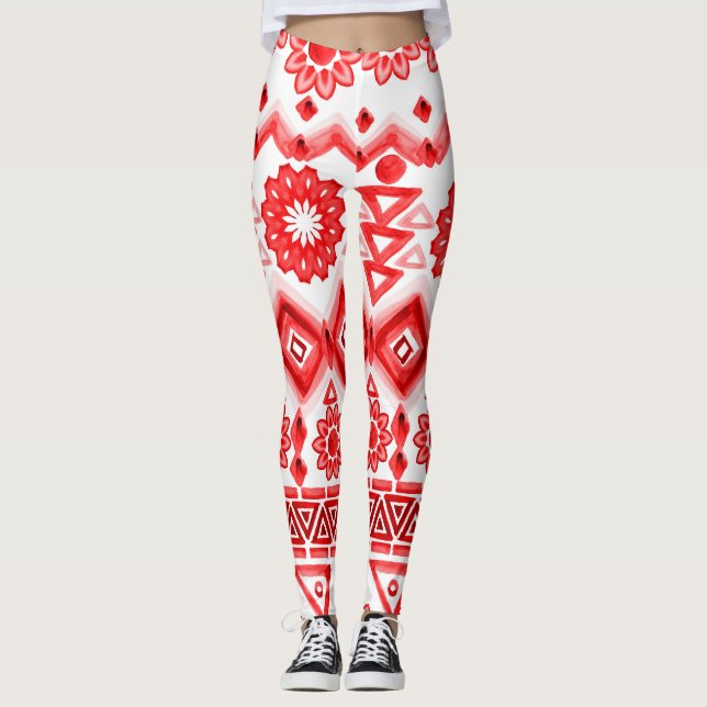 Röda stammar, etniska mönster med vattenfärg. leggings (Framsida)