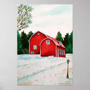 Röda staplar i Snö - vattenfärgslandskapskonst Skr Poster