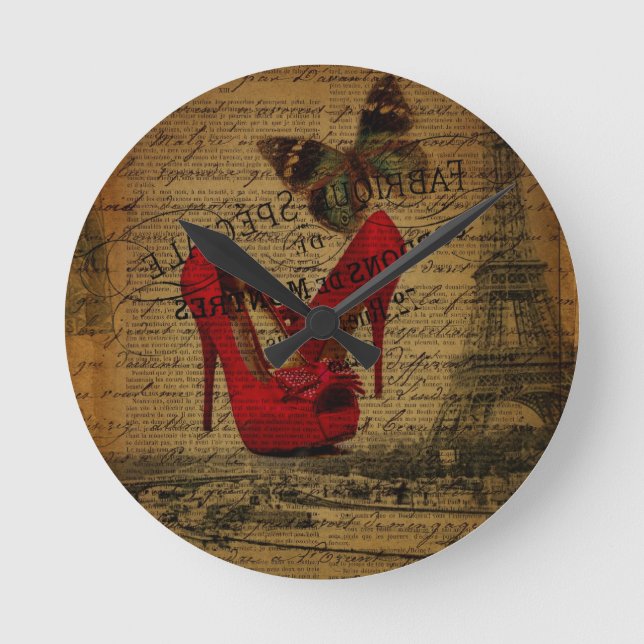 Röda stiletter för Paris eiffel tornfashionista Rund Klocka (Framsida)