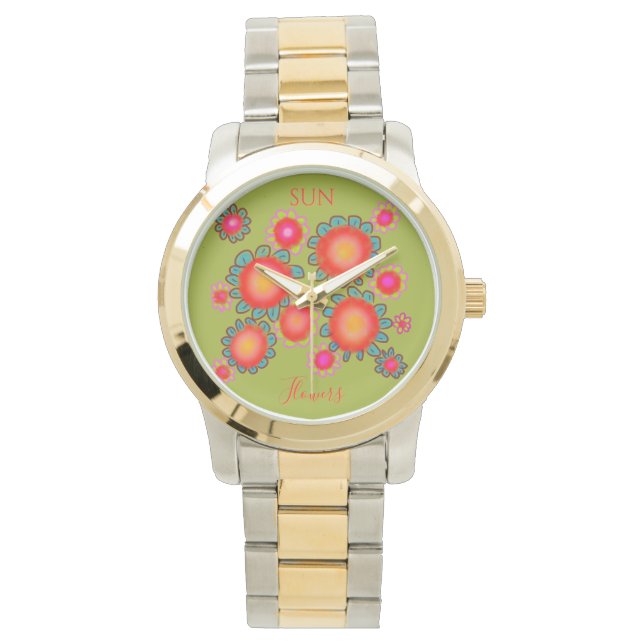 Röda SunFlowers Grön Grafik  Armbandsur (Framsida)