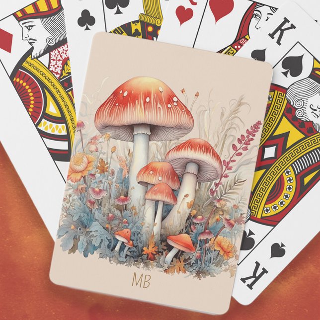 Röda Svampar Skogs Svamp Monogram Casinokort (Red mushroom painting playing cards personalized with your monogram/initials or any text you choose)