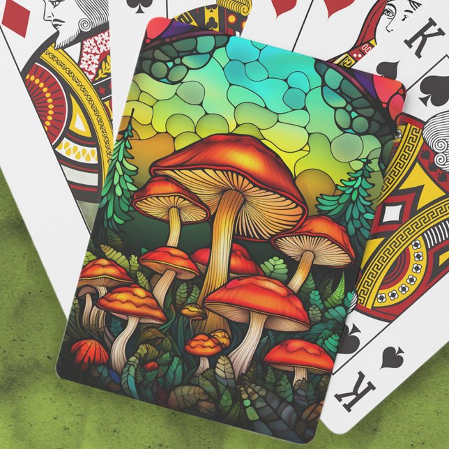 Röda svampglasfönster Svampfantasi Casinokort (Stained glass mushrooms playing cards)