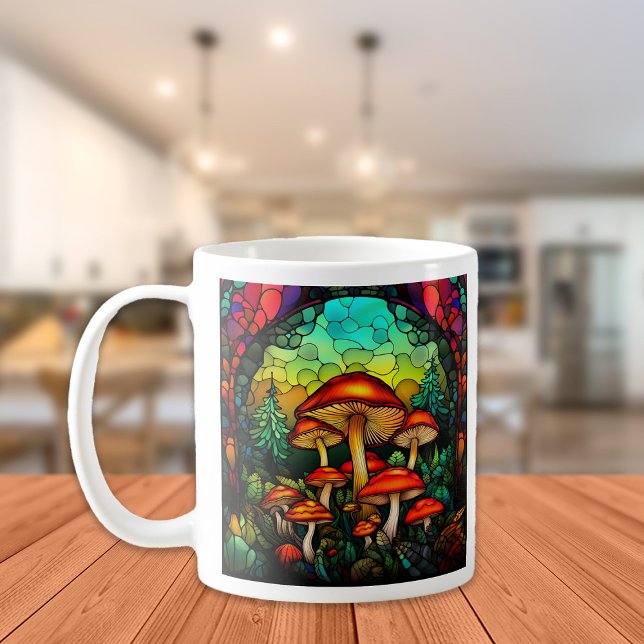Röda svampglasfönster Svampfantasi Kaffemugg (Mushroom mug)