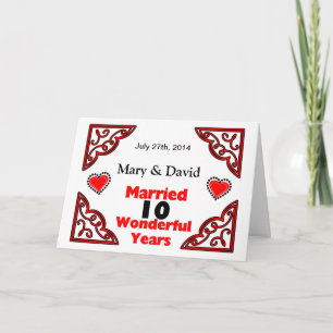 Röda svart hjärtanamn & daterar 10 år årsdag kort