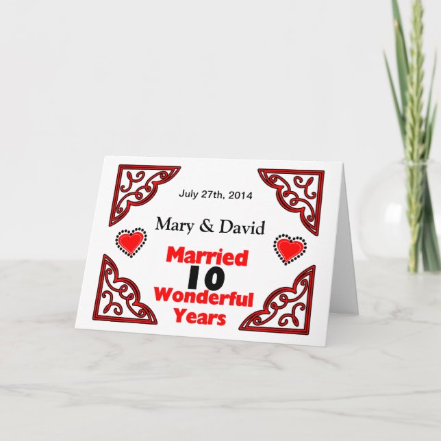 Röda svart hjärtanamn & daterar 10 år årsdag kort (Framsida)