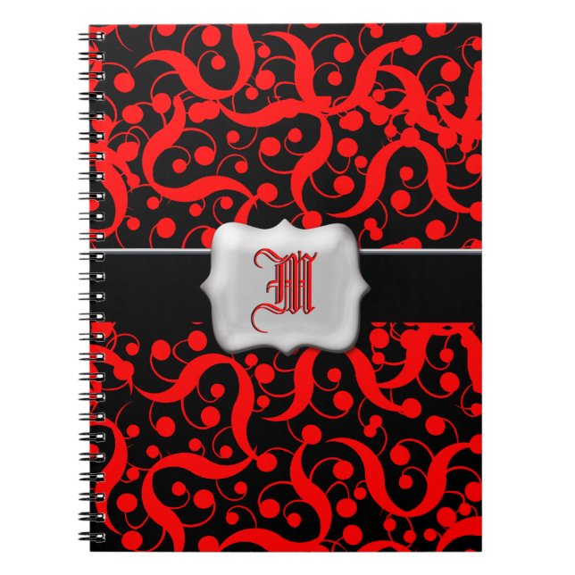 Röda svart monogramanpassadeflickor anteckningsbok med spiral (Framsidan)