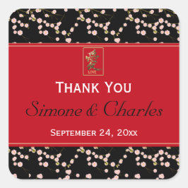 Röda, svarta Blommar för körsbärssymboler, bröllop Fyrkantigt Klistermärke