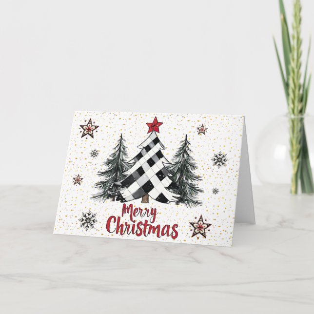 Röda Svarta God Jul Träd Julkort Kort (Framsida)