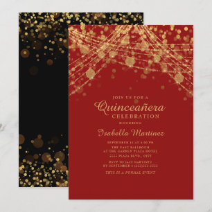 Röda Svarta Guld Glitter Strängljus Quinceañera Inbjudningar