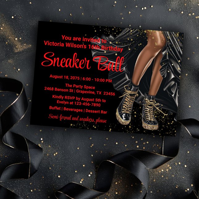 Röda Svarta Guld Sneakers Sneakerbalen Inbjudningar (Pretty black and gold sneaker ball invitation. You can change the background color and text color.)