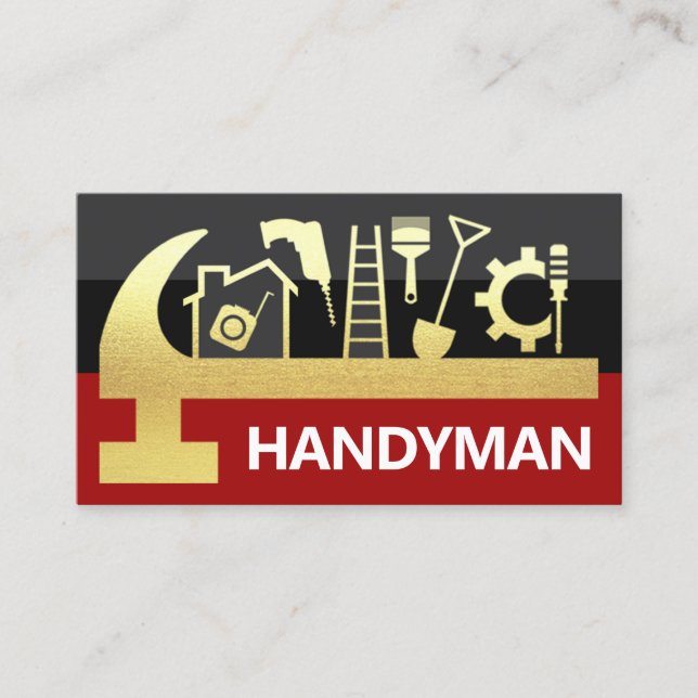 Röda Svarta Lager Guld Hammare Handyman Verktyg Visitkort (Framsida)