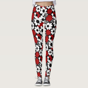 Röda, svarta och vita blommor leggings
