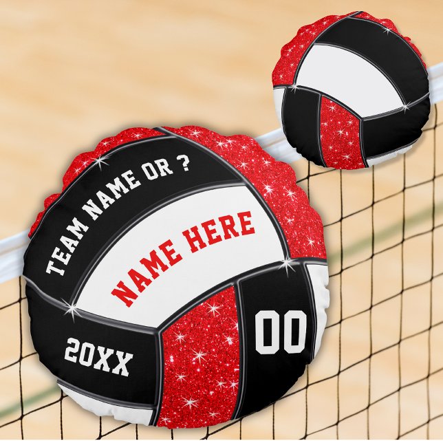 Röda, svarta och vita, gåvor till Volleyball Playe Rund Kudde (Red, White and Black, Personalized, Volleyball Pillow. Great, Senior Night Gifts for Volleyball. )
