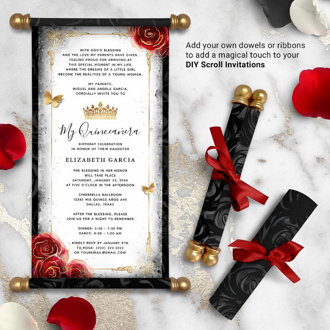 Röda Svarta och Vita Kvittens DIY-rullningsinbjudn (DIY scrolls do not come with dowels. Add your own or roll up with a ribbon for an elegant touch!)
