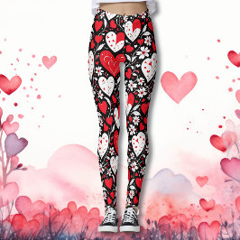 Röda, svarta och vita örter och blommor Mönster Leggings