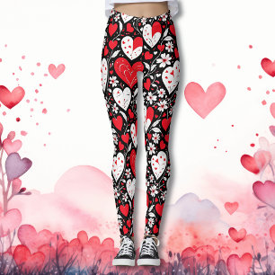 Röda, svarta och vita örter och blommor Mönster Leggings