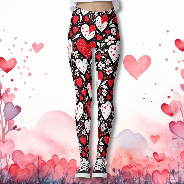 Röda, svarta och vita örter och blommor Mönster Leggings (Skapare uppladdad)