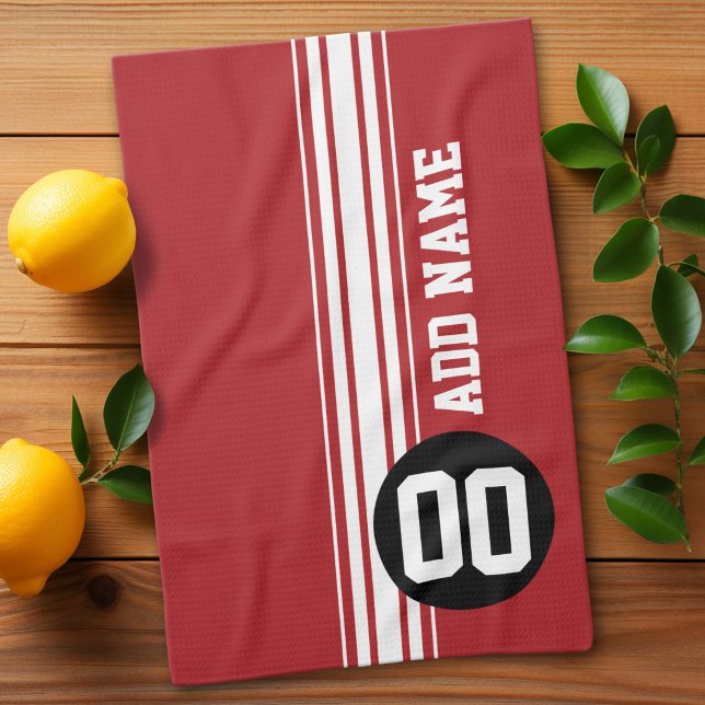 Röda Svarta Racingränder Anpassat Namn Nummer Kökshandduk (Custom Kitchen Towel)