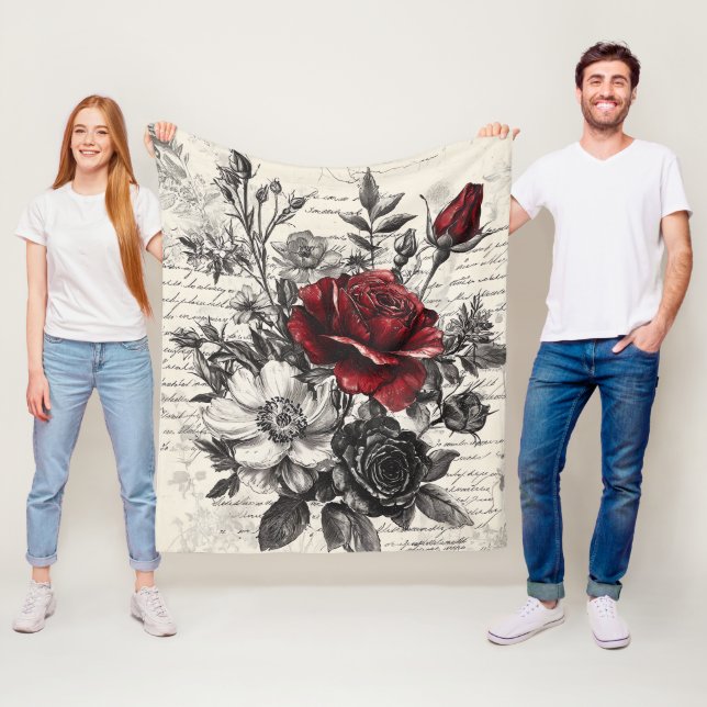 Röda Svarta Rosor Antika Manuskript Blommor Fleecefilt (På plats)