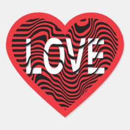 Röda, svarta, vita, strimmiga KÄRLEK-hjärta Hjärtformat Klistermärke