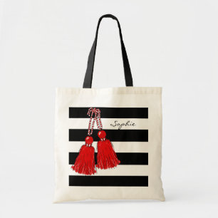 RÖDA TASSELS_BLACK RANDAR FÖR CHIC TOTE_CHRISTMA TYGKASSE