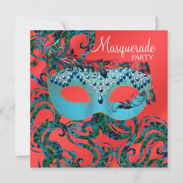 Röda Teal Blå Maskeradfest Inbjudningar (Framsida)