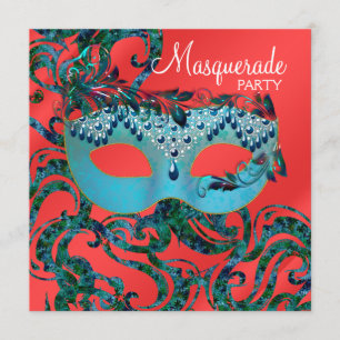 Röda Teal Blå Maskeradfest Inbjudningar