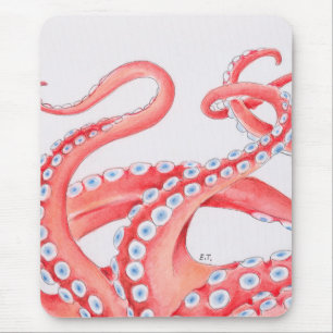 Röda tentakler Octopus Vattenfärg Musmatta