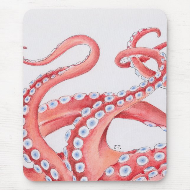 Röda tentakler Octopus Vattenfärg Musmatta (Framsidan)