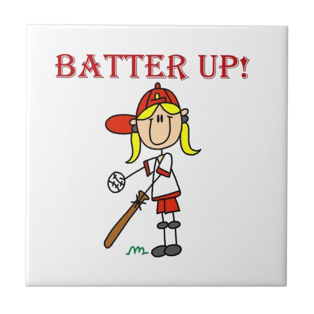 Röda Text Batter Up Flickor Softboll Tröjor och Gå Kakelplatta (Framsidan)