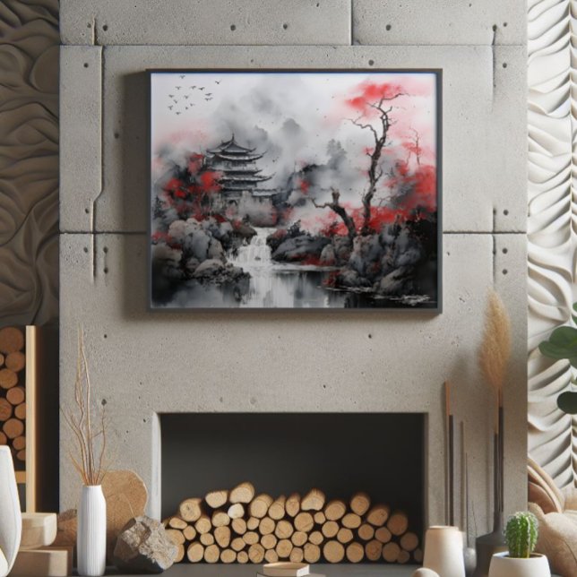 Röda Träd och asiatiska huset Fototryck (Skapare uppladdad)