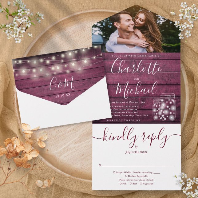Röda Träljus i Krukor Foto Bröllop (Red Wood String Lights Mason Jars Photo Wedding All In One Invitation)