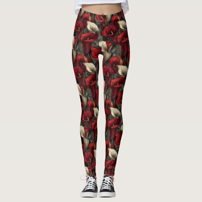 Röda träningskläder Kallaliljor Estetiska Mödrar Leggings (Framsida)